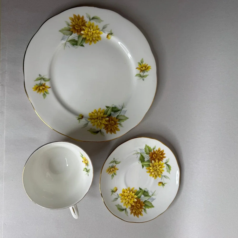 Duchess Bone China England Tea Cup Saucer and Plate Trio Yellow Floral Gold Trim